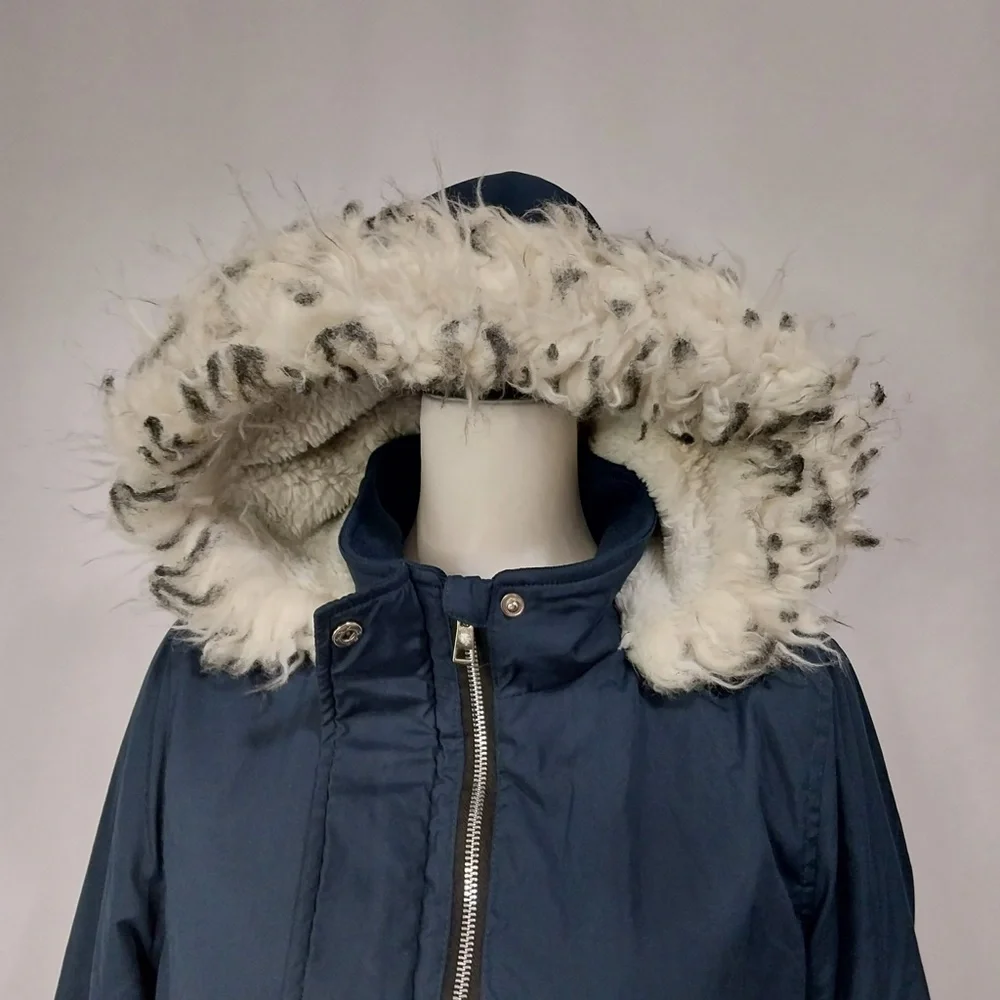 Tiffosi Navy Blue Hooded White Faux Fur Zip Up Button Down Long Sleeve Jacket M - Picture 7 of 15